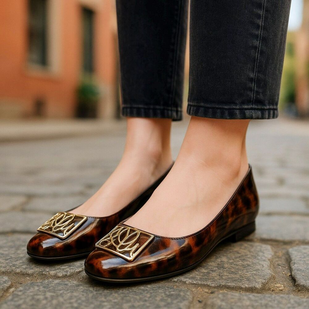 Lilly Pulitzer Logo Ballet Flats 8.5 Shoes Brown Shiny Leather Tortoise Pattern - Picture 5 of 10
